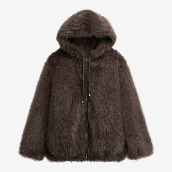 The Frankie Shop Savoie Faux Fur Hooded Jacket - Brown - Oversized Minimalist Jackets in Brown - Shop at Coveti