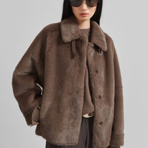 The Frankie Shop Senja Faux Fur Jacket - Brown - Oversized Minimalist Jackets in Brown - Shop at Coveti