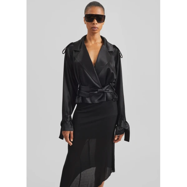The Frankie Shop Simona Satin Short Trench – Black, view 5