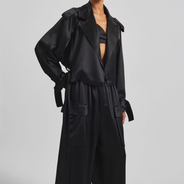 The Frankie Shop Simona Satin Short Trench - Black - Oversized Minimalist Shorts in Black - Shop at Coveti