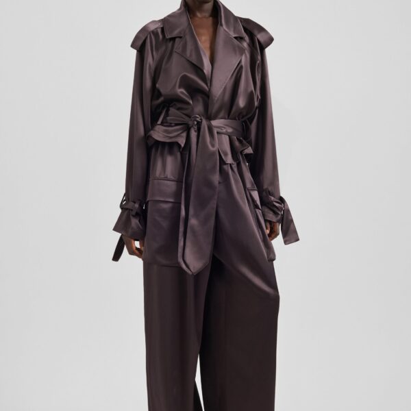 The Frankie Shop Simona Satin Short Trench - Dark Brown - Oversized Minimalist Shorts in Brown - Shop at Coveti