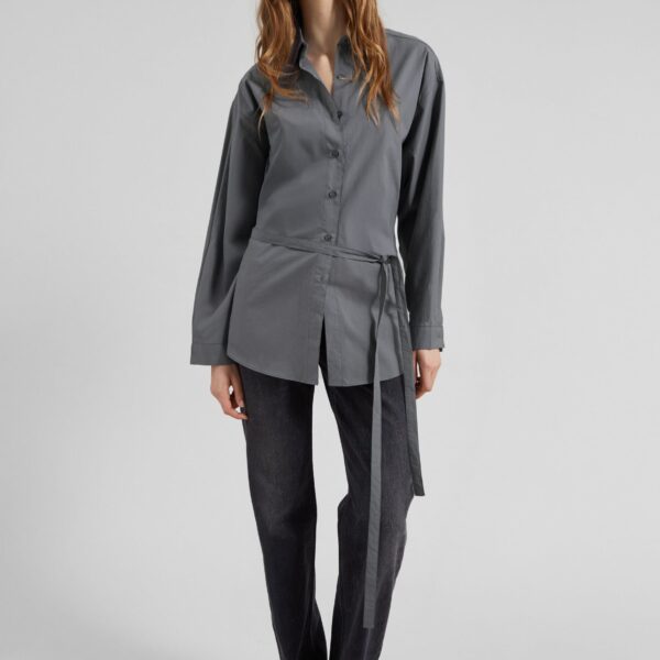 The Frankie Shop Skara Belted Shirt - Slate Grey - Oversized Minimalist Tops in Grey - Shop at Coveti