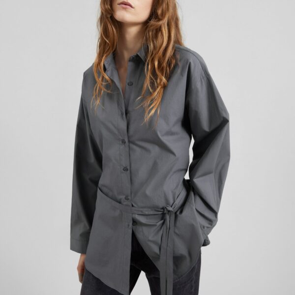 The Frankie Shop Skara Belted Shirt - Slate Grey - Oversized Minimalist Tops in Grey - Shop at Coveti