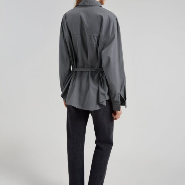 The Frankie Shop Skara Belted Shirt - Slate Grey - Oversized Minimalist Tops in Grey - Shop at Coveti