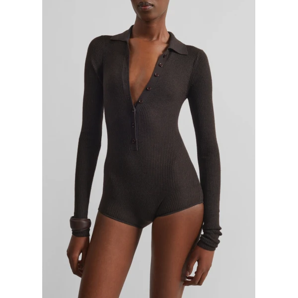 The Frankie Shop Solana Polo Bodysuit – Brown, view 2