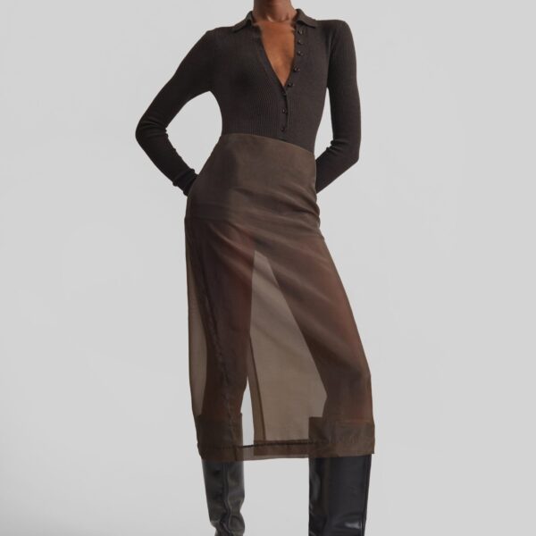 The Frankie Shop Solana Polo Bodysuit - Brown - Oversized Minimalist Bodysuit in Brown - Shop at Coveti