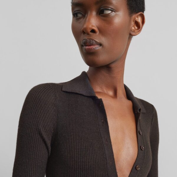 The Frankie Shop Solana Polo Bodysuit - Brown - Oversized Minimalist Bodysuit in Brown - Shop at Coveti