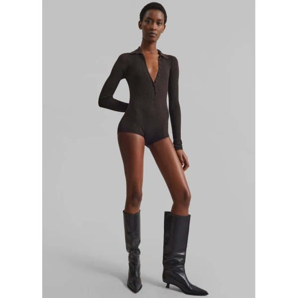 The Frankie Shop Solana Polo Bodysuit – Brown, view 5