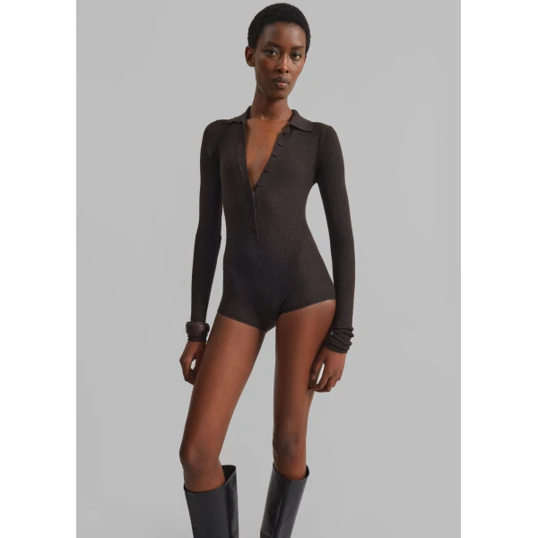 The Frankie Shop Solana Polo Bodysuit – Brown, view 6