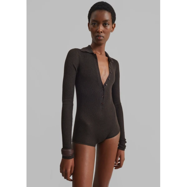 The Frankie Shop Solana Polo Bodysuit – Brown, view 7