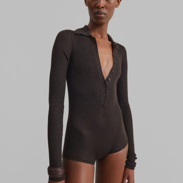 The Frankie Shop Solana Polo Bodysuit - Brown - Oversized Minimalist Bodysuit in Brown - Shop at Coveti