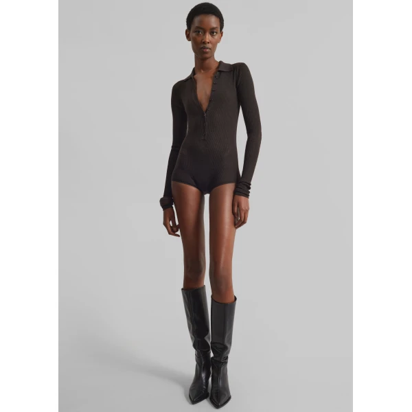 The Frankie Shop Solana Polo Bodysuit – Brown, view 8