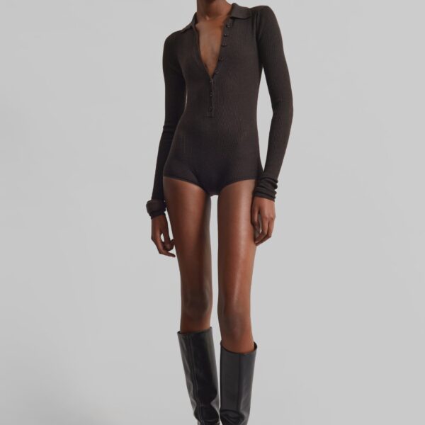The Frankie Shop Solana Polo Bodysuit - Brown - Oversized Minimalist Bodysuit in Brown - Shop at Coveti