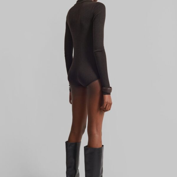 The Frankie Shop Solana Polo Bodysuit - Brown - Oversized Minimalist Bodysuit in Brown - Shop at Coveti
