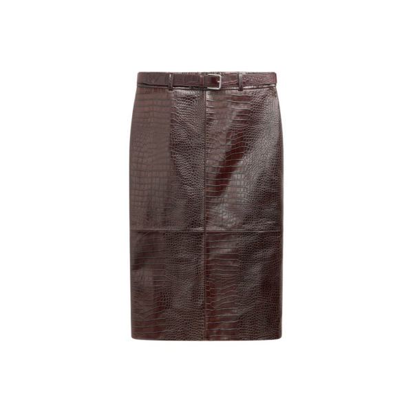The Frankie Shop Taney Croc Leather Pencil Skirt - Dark Brown - Oversized Minimalist Skirts in Brown - Shop at Coveti