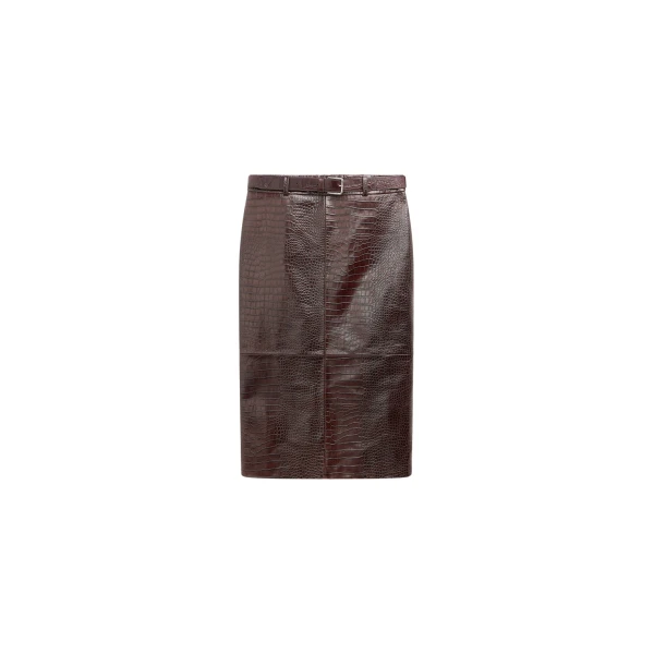 The Frankie Shop Taney Croc Leather Pencil Skirt - Dark Brown - Oversized Minimalist Skirts in Brown - Shop at Coveti