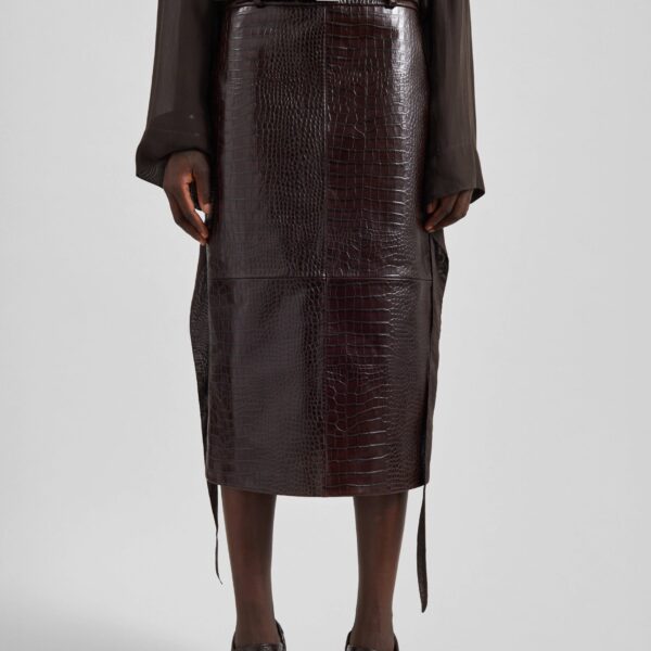 The Frankie Shop Taney Croc Leather Pencil Skirt - Dark Brown - Oversized Minimalist Skirts in Brown - Shop at Coveti