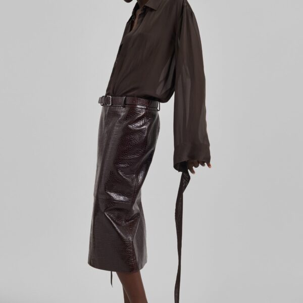 The Frankie Shop Taney Croc Leather Pencil Skirt - Dark Brown - Oversized Minimalist Skirts in Brown - Shop at Coveti