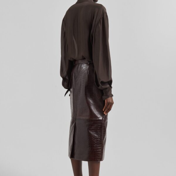 The Frankie Shop Taney Croc Leather Pencil Skirt - Dark Brown - Oversized Minimalist Skirts in Brown - Shop at Coveti