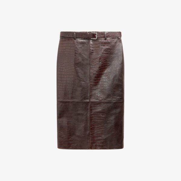 The Frankie Shop Taney Croc Leather Pencil Skirt - Dark Brown - Oversized Minimalist Skirts in Brown - Shop at Coveti