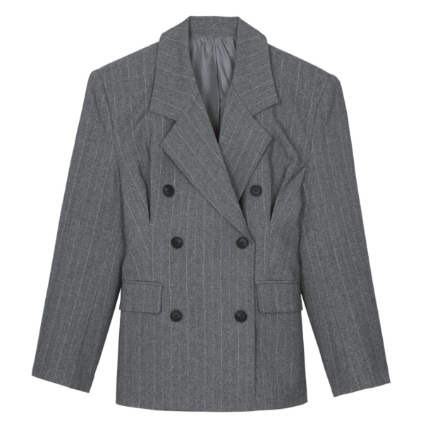 The Frankie Shop Tenby Striped Cinched Blazer - Grey Melange - Oversized Minimalist Jackets in Grey - Shop at Coveti