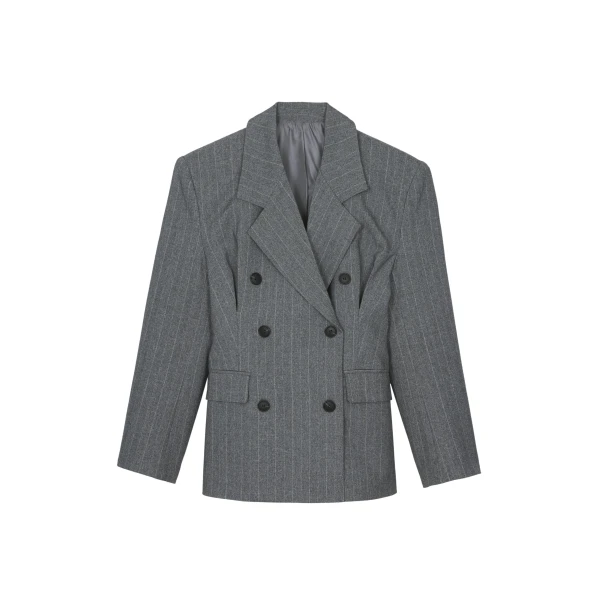 The Frankie Shop Tenby Striped Cinched Blazer - Grey Melange - Oversized Minimalist Jackets in Grey - Shop at Coveti