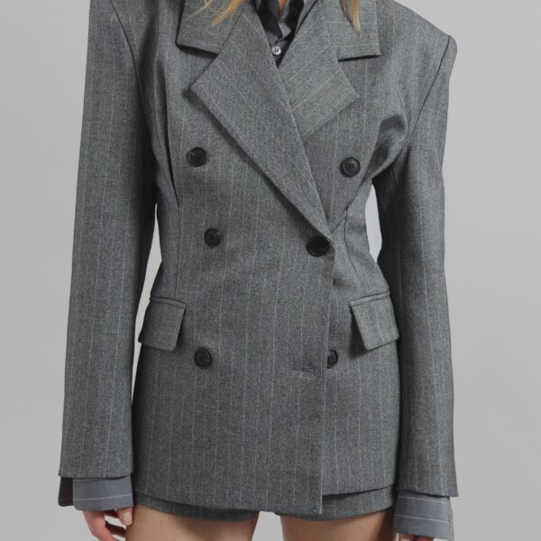 The Frankie Shop Tenby Striped Cinched Blazer - Grey Melange - Oversized Minimalist Jackets in Grey - Shop at Coveti