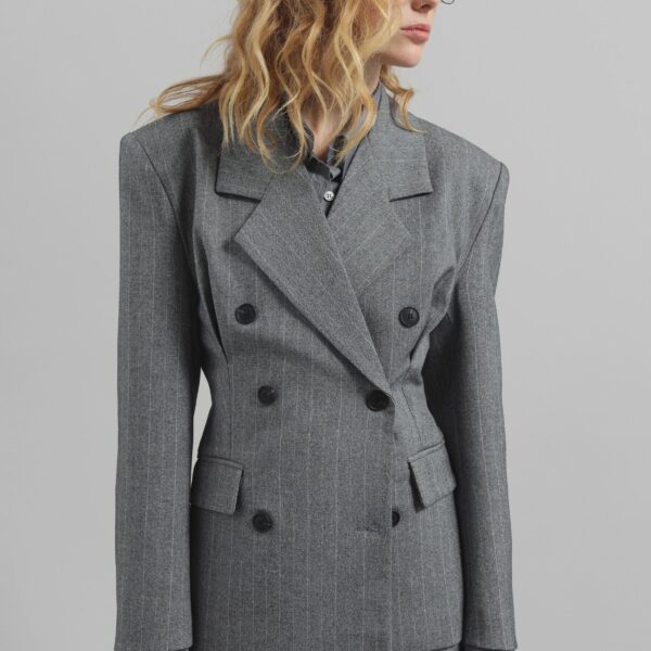 The Frankie Shop Tenby Striped Cinched Blazer - Grey Melange - Oversized Minimalist Jackets in Grey - Shop at Coveti
