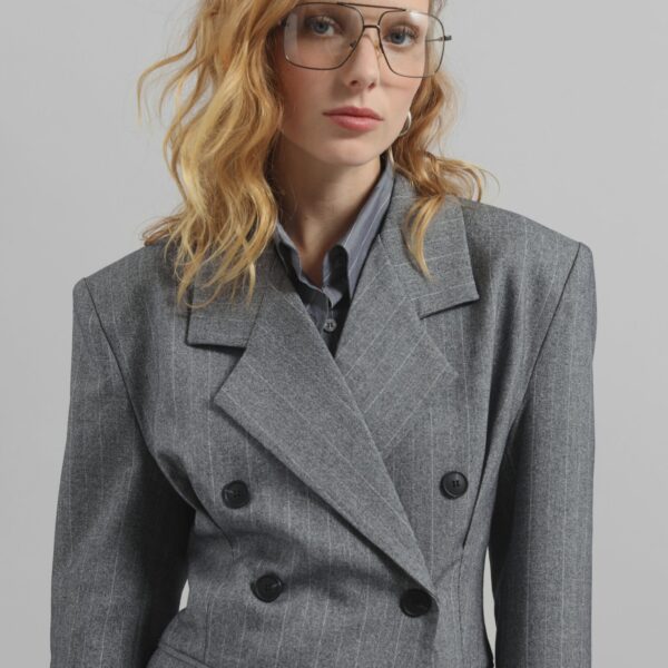 The Frankie Shop Tenby Striped Cinched Blazer - Grey Melange - Oversized Minimalist Jackets in Grey - Shop at Coveti