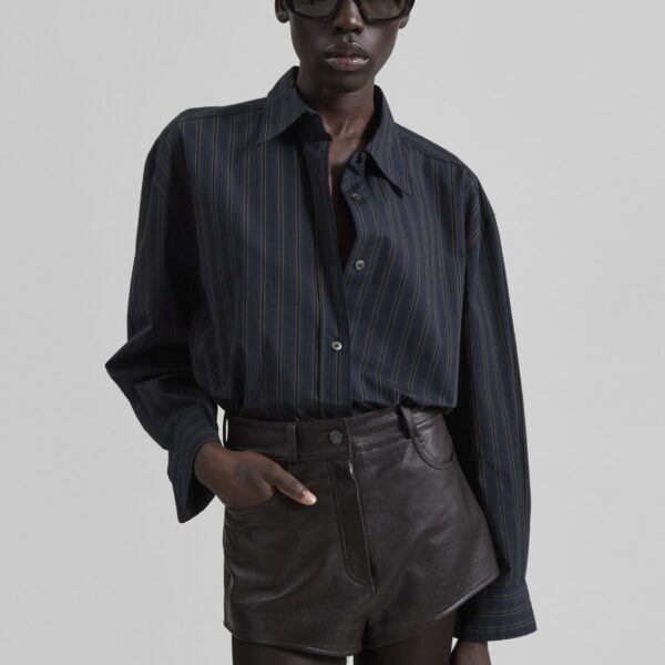 The Frankie Shop Toulon Shirt - Navy/Black Stripe - Oversized Minimalist Tops in Blue - Shop at Coveti