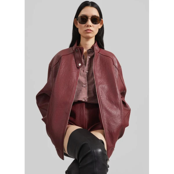 The Frankie Shop Troye Faux Leather Bomber Jacket – Burgundy, view 2
