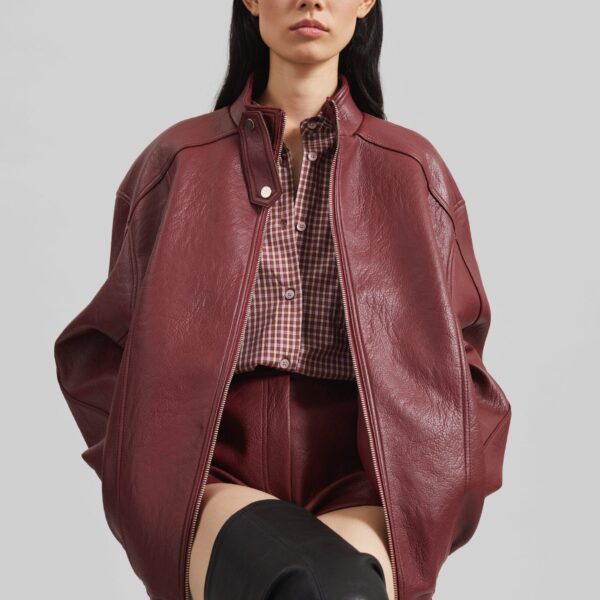 The Frankie Shop Troye Faux Leather Bomber Jacket - Burgundy - Oversized Minimalist Jackets in Red - Shop at Coveti