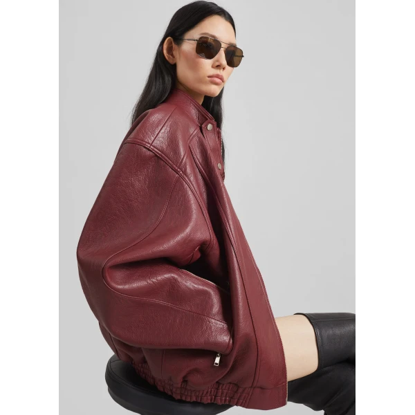 The Frankie Shop Troye Faux Leather Bomber Jacket – Burgundy, view 3
