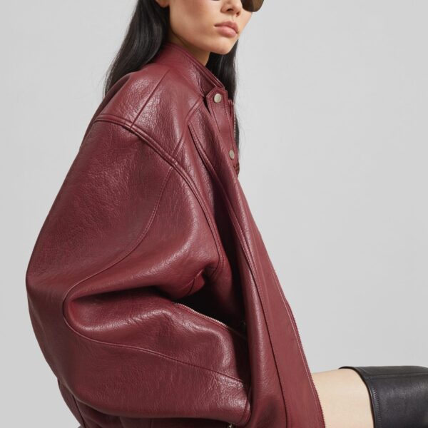 The Frankie Shop Troye Faux Leather Bomber Jacket - Burgundy - Oversized Minimalist Jackets in Red - Shop at Coveti