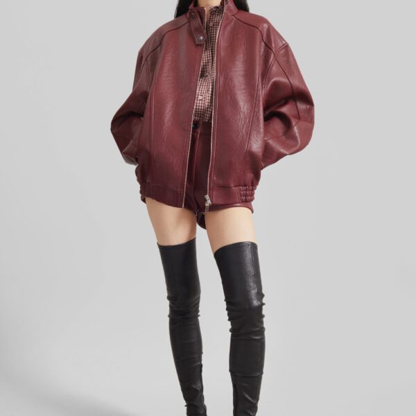 The Frankie Shop Troye Faux Leather Bomber Jacket - Burgundy - Oversized Minimalist Jackets in Red - Shop at Coveti