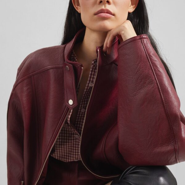 The Frankie Shop Troye Faux Leather Bomber Jacket - Burgundy - Oversized Minimalist Jackets in Red - Shop at Coveti