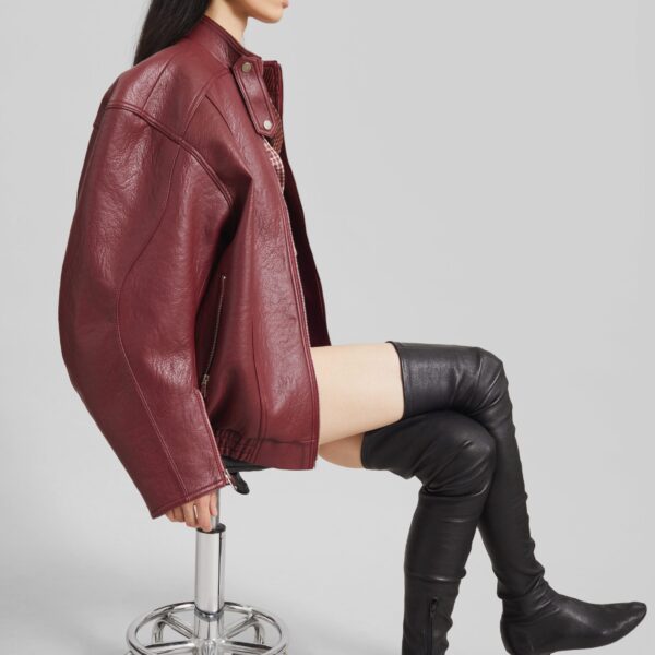 The Frankie Shop Troye Faux Leather Bomber Jacket - Burgundy - Oversized Minimalist Jackets in Red - Shop at Coveti