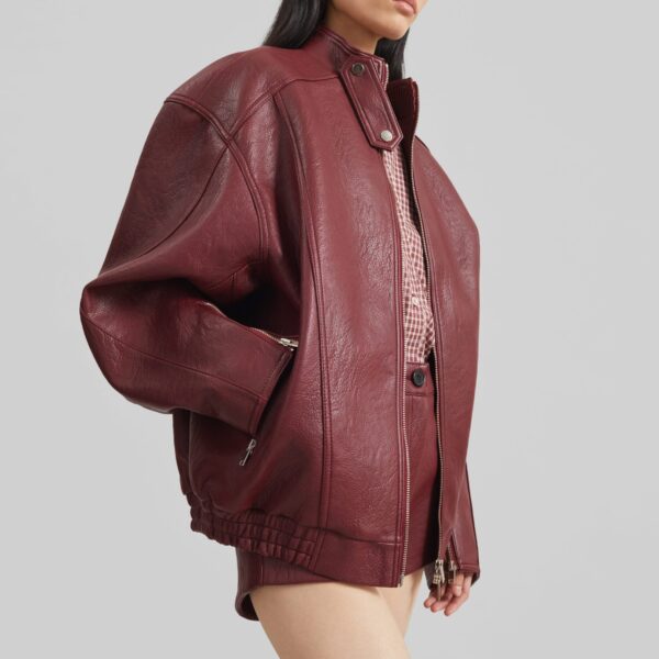 The Frankie Shop Troye Faux Leather Bomber Jacket - Burgundy - Oversized Minimalist Jackets in Red - Shop at Coveti