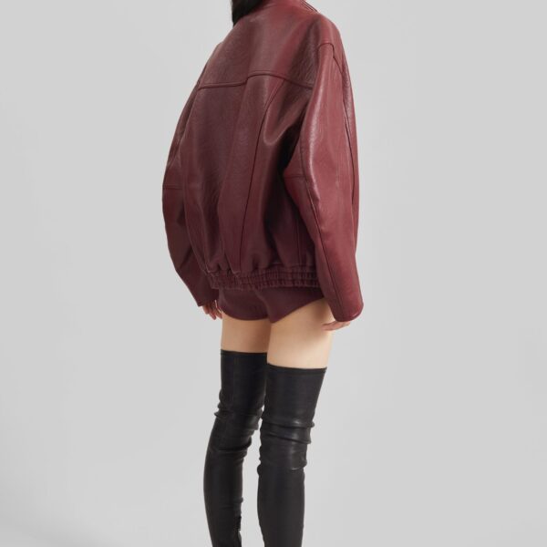 The Frankie Shop Troye Faux Leather Bomber Jacket - Burgundy - Oversized Minimalist Jackets in Red - Shop at Coveti