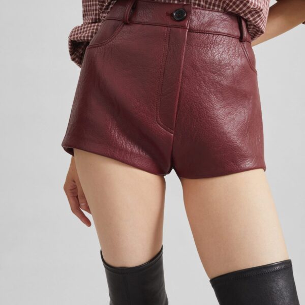 The Frankie Shop Troye Faux Leather Hot Pants - Burgundy - Oversized Minimalist Pants in Red - Shop at Coveti