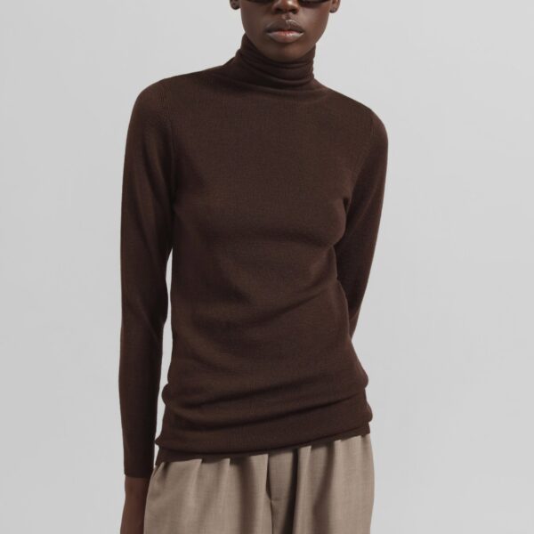 The Frankie Shop Utica Thin Turtleneck Sweater - Brown - Oversized Minimalist Knitwear in Brown - Shop at Coveti