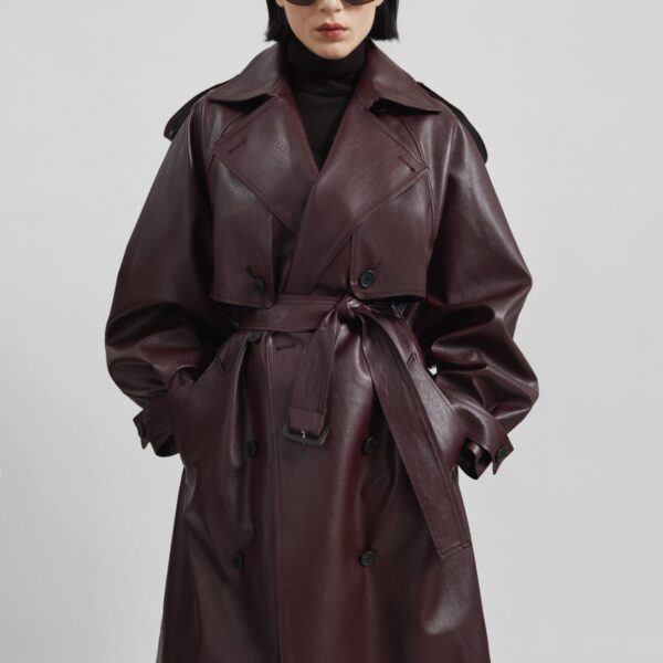 The Frankie Shop Vandve Faux Leather Trench - Burgundy - Oversized Minimalist Coats in Red - Shop at Coveti