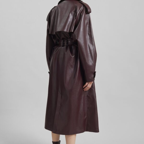 The Frankie Shop Vandve Faux Leather Trench - Burgundy - Oversized Minimalist Coats in Red - Shop at Coveti