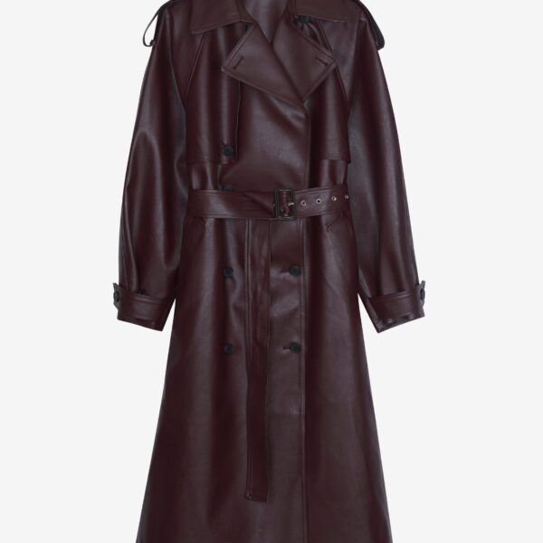 The Frankie Shop Vandve Faux Leather Trench - Burgundy - Oversized Minimalist Coats in Red - Shop at Coveti