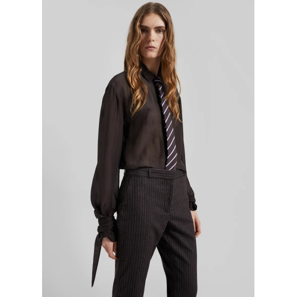 The Frankie Shop Verlin Sheer Chiffon Tie Cuff Shirt – Dark Brown, view 2