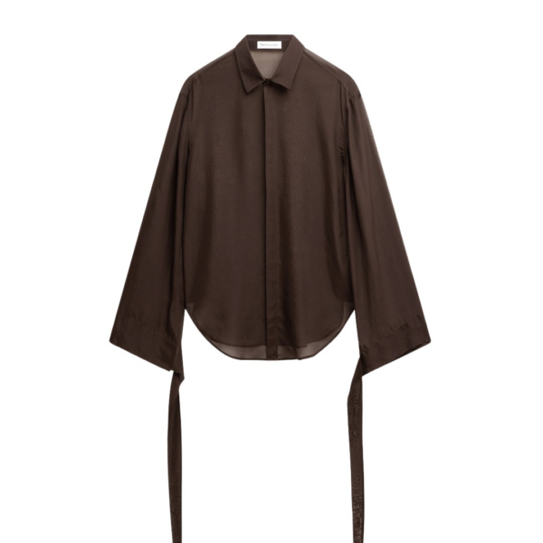 The Frankie Shop Verlin Sheer Chiffon Tie Cuff Shirt - Dark Brown - Oversized Minimalist Tops in Brown - Shop at Coveti