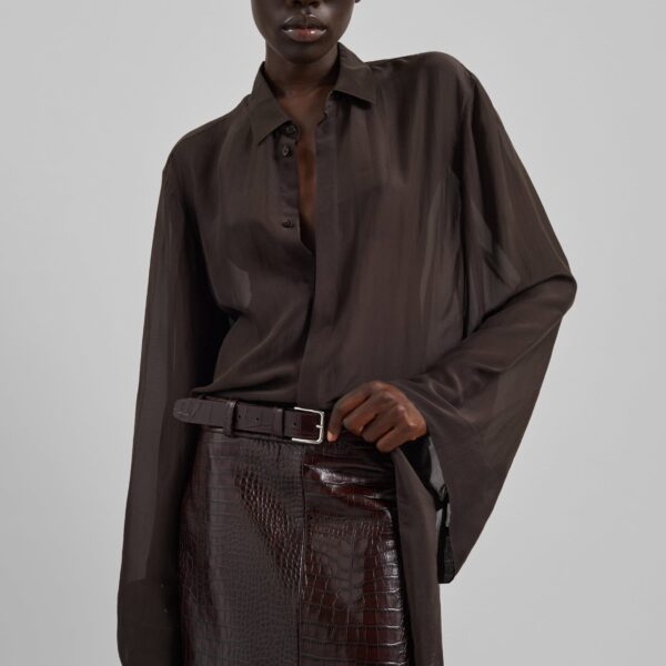 The Frankie Shop Verlin Sheer Chiffon Tie Cuff Shirt - Dark Brown - Oversized Minimalist Tops in Brown - Shop at Coveti