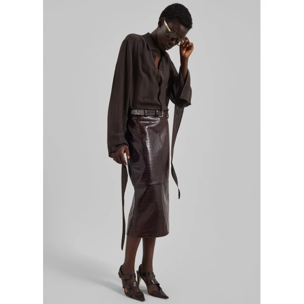 The Frankie Shop Verlin Sheer Chiffon Tie Cuff Shirt – Dark Brown, view 4