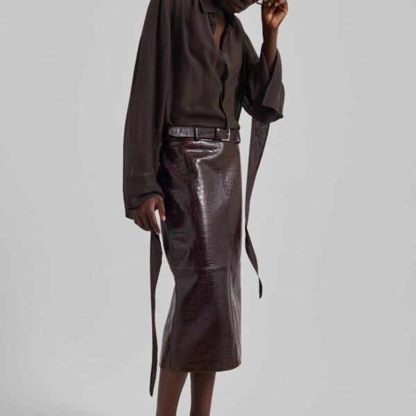 The Frankie Shop Verlin Sheer Chiffon Tie Cuff Shirt - Dark Brown - Oversized Minimalist Tops in Brown - Shop at Coveti