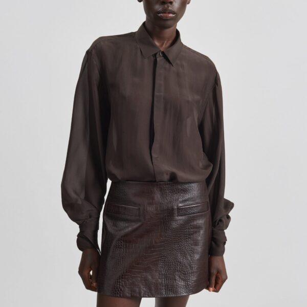 The Frankie Shop Verlin Sheer Chiffon Tie Cuff Shirt - Dark Brown - Oversized Minimalist Tops in Brown - Shop at Coveti